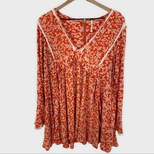 Free People Orange Floral Flowy Bell Sleeve Tunic Dress